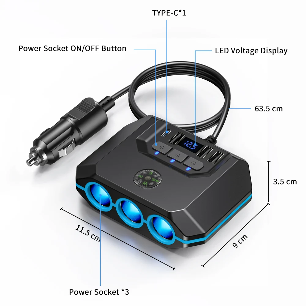 Extractme 120W 12-24V Car Cigarette Lighter Splitter Adapter Auto USB PD Power Socket With ON/OFF LED Car Cigar Splitter Charger