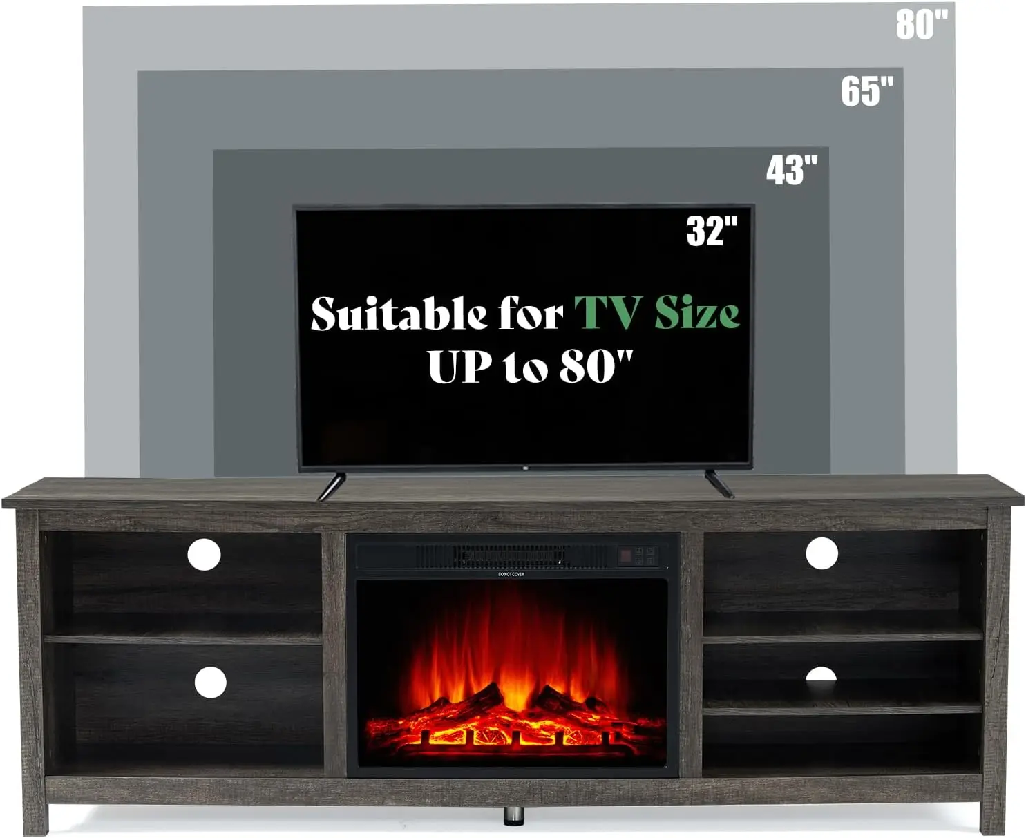 Lareira TV Stand com madeira textura, Entertainment Center, lareira elétrica, 23 polegadas