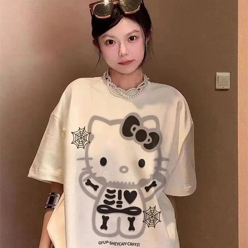 Sanrio Y2k Hello Kittys Cotton Tshirt Kawaii Summer Retro Loose Anime Funny Comfortable Ventilate Short Sleeve Top Girl Gift Toy