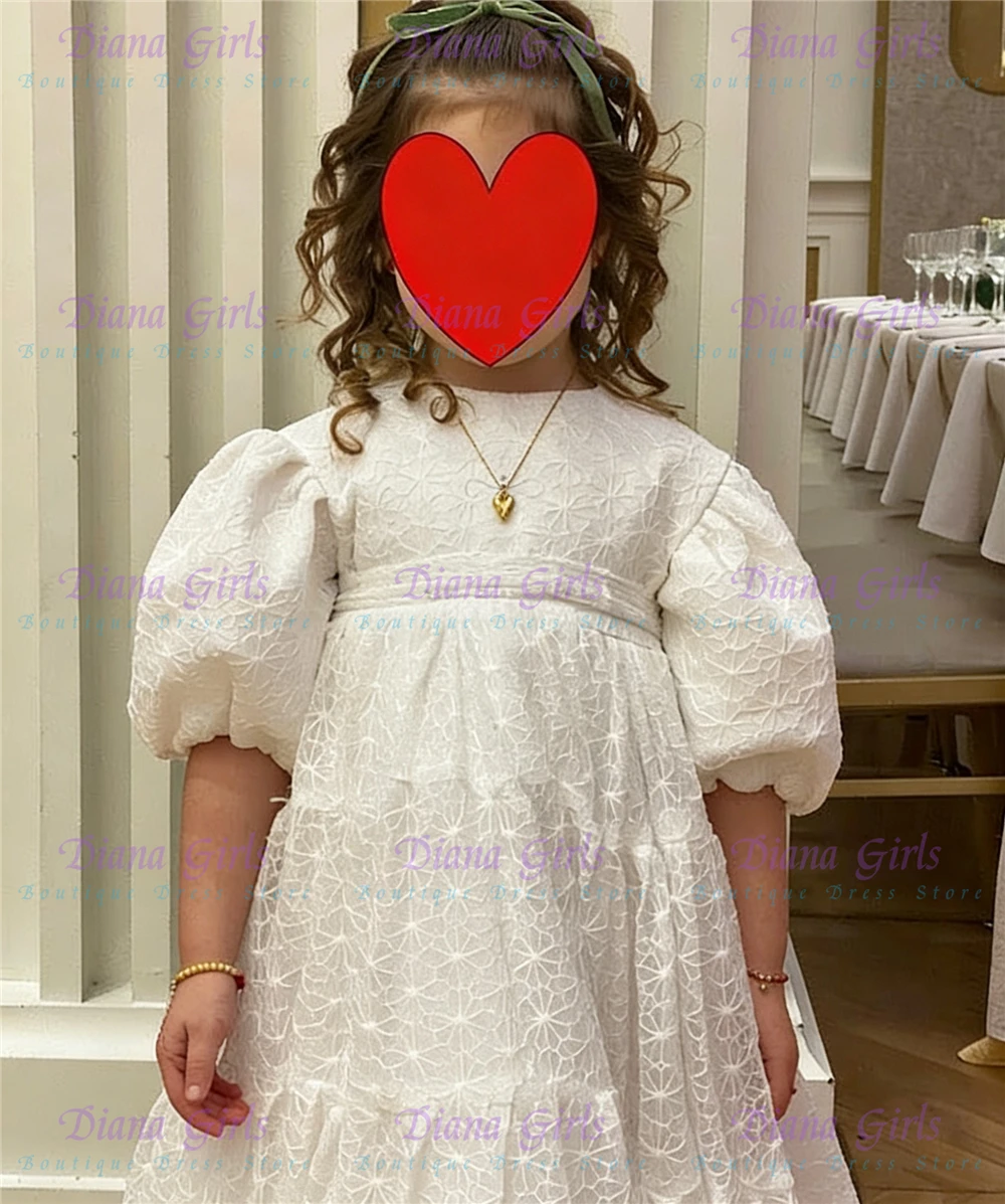 Query White Milk Lace Flower Girl Dress Fluffy with Belt for Wedding Kids Birthday Party Evening Dresses First Communion Gowns