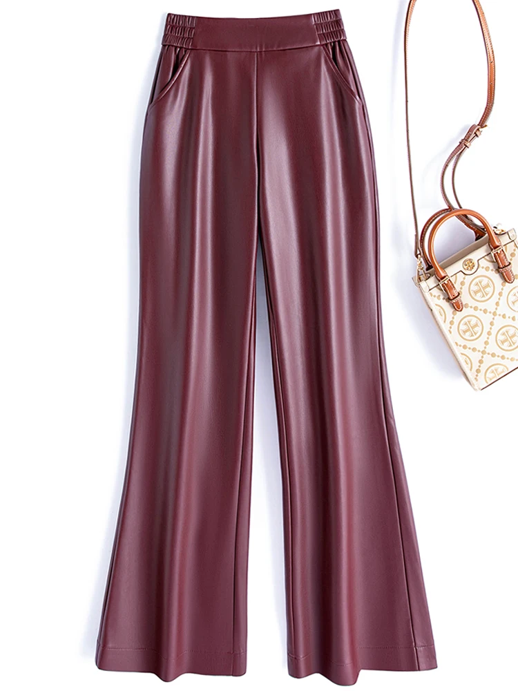 Women's elastic high waisted flared pants solid color fashionable and versatile 2025 autumn new versatile leather pants