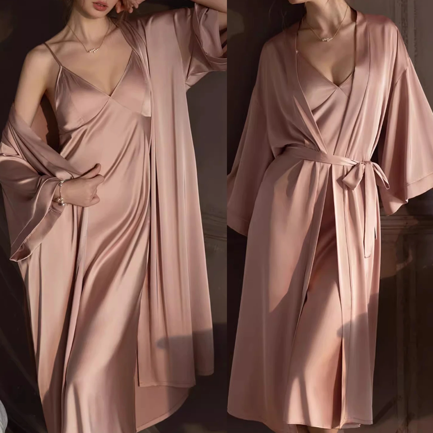 

Sexy Female Long Robe Nightgown Set Lingerie Sleepwear Loose Kimono Bathrobe Gown Luxury Silky Satin Home Dress Loungewear