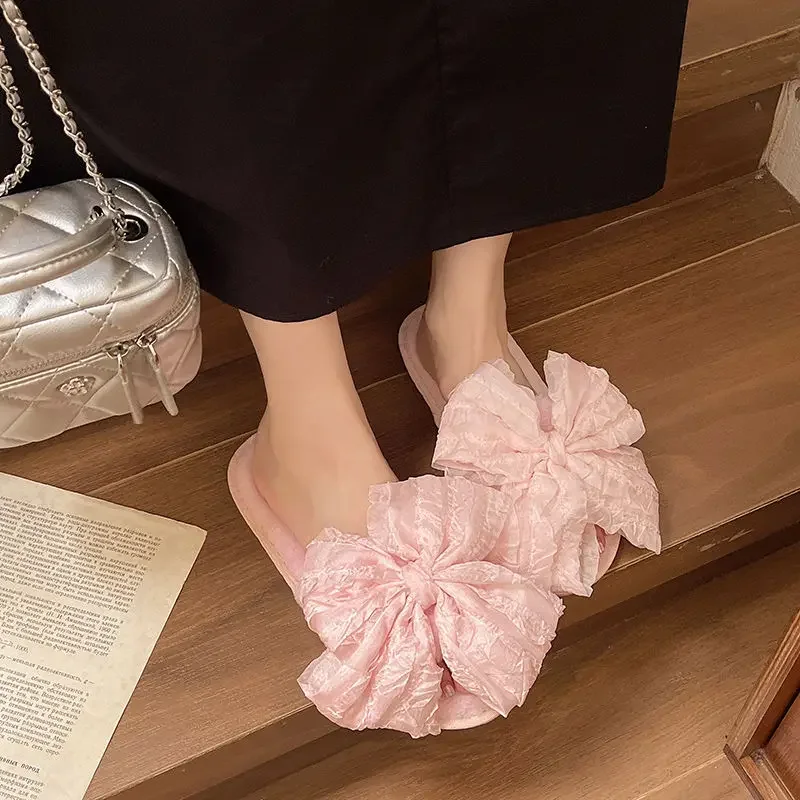 

Women's Girly Style Plush Slippers 2025 Autumn Winter New Solid Color Big Bow Fashion Simple Cozy Flat Bottom Home Slippers