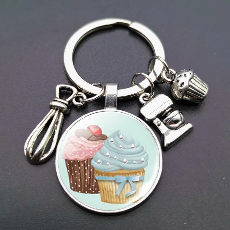 New Cake Cup Pendant Keychain Fashion Cute Dessert Glass Cabochon Metal Pendant Birthday Cake Shop Handmade Gift For Customers