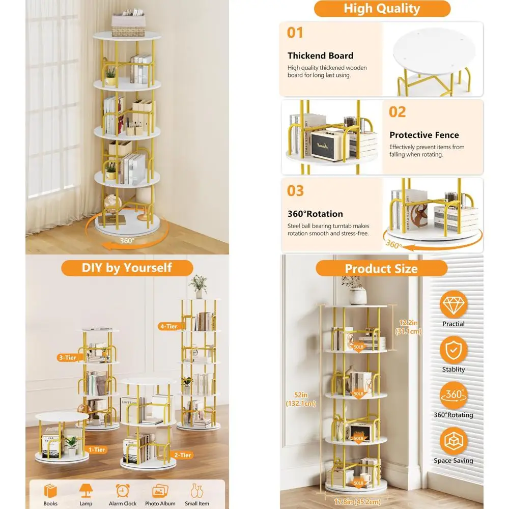 

Угловая 4-ярусная вращающаяся книжная полка для небольших помещений — напольная деревянная полка для хранения с органайзером для дисплея на 360 градусов