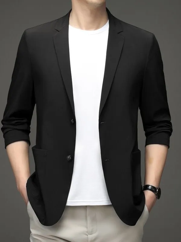 캐주얼 아이스 실크 남성 정장 가벼운 여름 비즈니스 코트 패션 도시 스타일 긴 소매 라운드 헴라인 스탠다드 핏 싱글 버튼