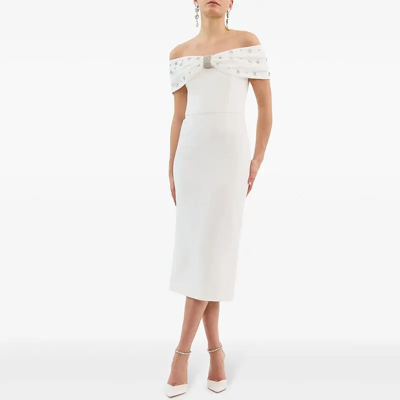 

Fashionable Mid-Length One-Shoulder Diamond Embedded Dress Celebrity Style Quality Polyester Fiber Short Sleeve round Neck