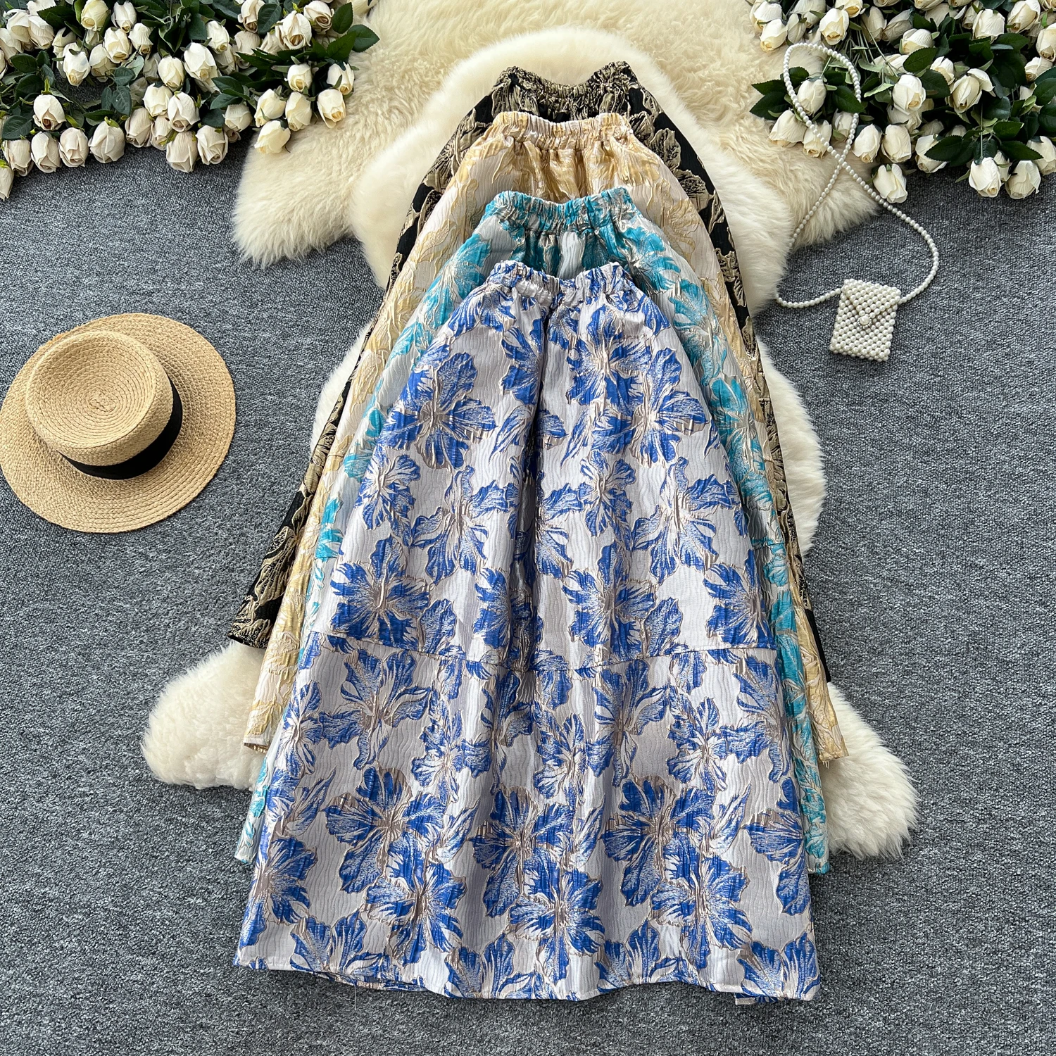 

Юбка-зонтик с тяжелой вышивкой и цветком, женская юбка-зонтик трапециевидной формы, юбка-миди, повседневная юбка с высокой талией, свободный крой, осень-зима