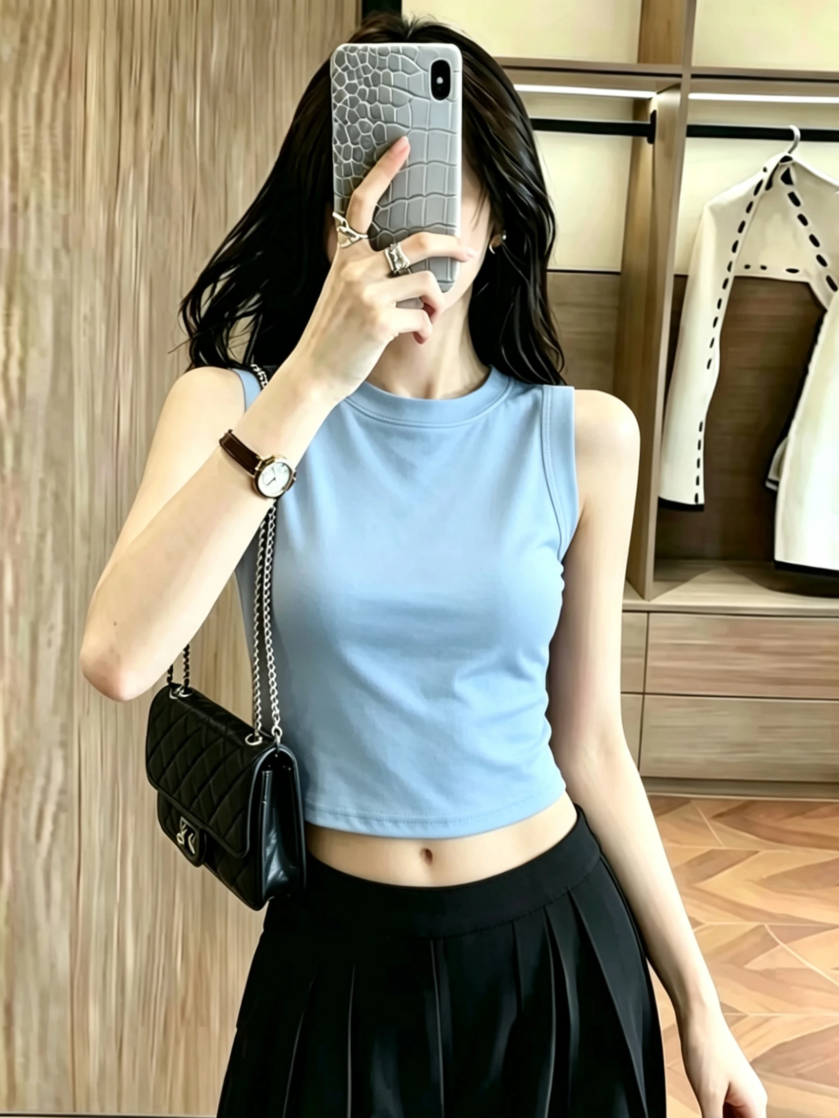 Top sin mangas ajustado de verano para mujer, chaleco azul de mezcla de algodón de alta elasticidad, corto, que cubre la zona lateral y evita la fatiga.