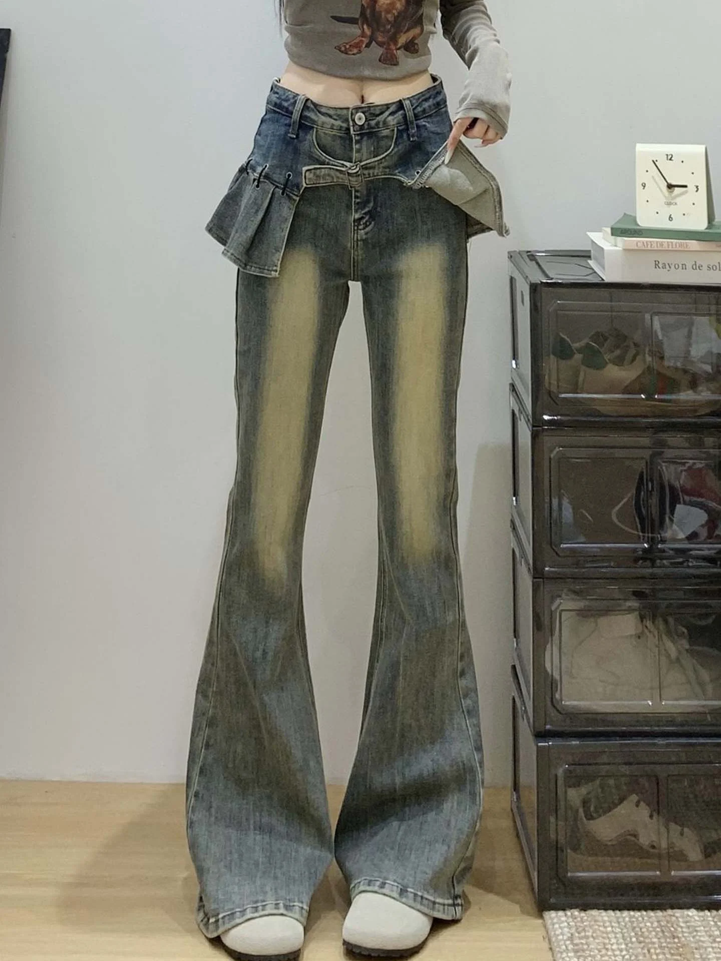 

High Waist Bell Bot Jeans Women's Slim Fit Chino Pants Splice Design Vintage Sle Long Trousers Faionable Casual Denim