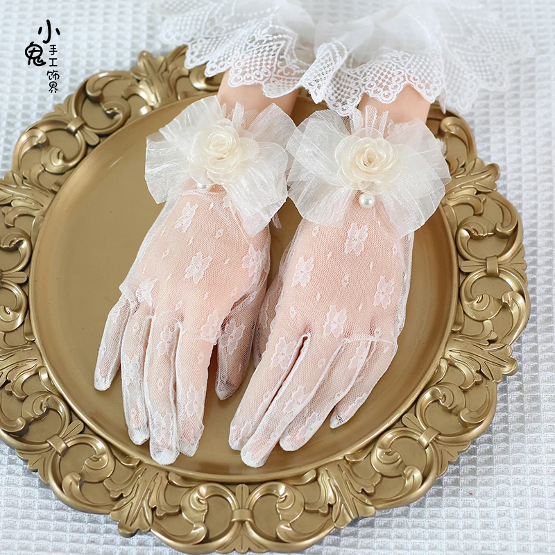 Fashion Women White Gloves for Bride Bow Lace Chiffon Gloves Sunscreen Driving Gloves Marriage Party Accessories