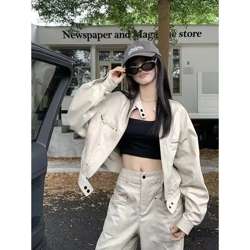 American retro stand-up collar tooling jacket women's loose and thin neutral style tooling jacket baseball jersey casual