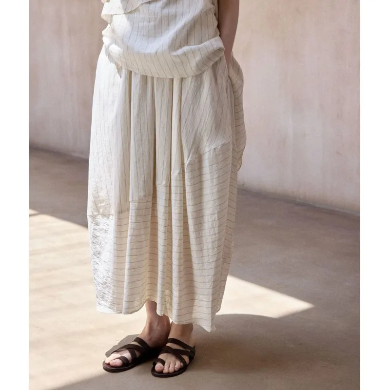 

Johnature Summer Linen Comfortable Breathable Contrast Stripe Pockets Elasticated Waist Bud Skirt For Women
