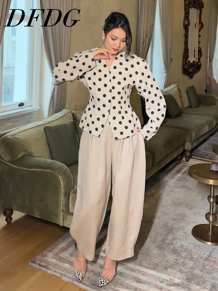 

DFDG Women 2026 Spring Summer Polka Dot Blazer V Neck Long Sleeve Ruched Waist No Collar Elegant Casual Office Outerwear Blazer