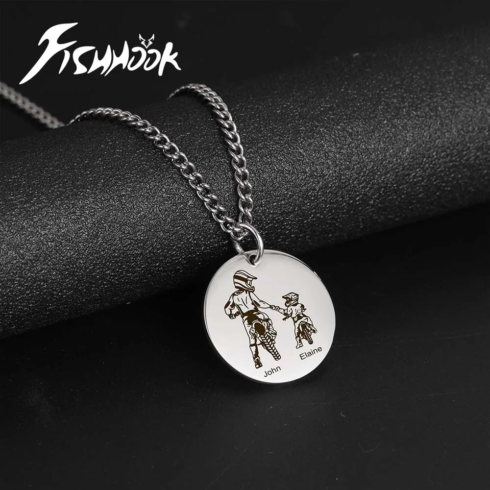 

Motorbike Dad Father Kid Necklace Personalized Custom Engrave Name Gift For Women Men Motorcycle Rider Racing Stainless Steel