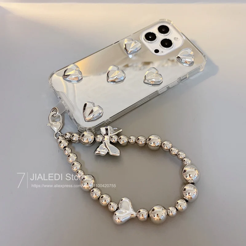 Bow Bracelet Chain Love Mirror Phone case For iPhone 15 14 13 12 11 Pro X XS Max XR 7 8 Plus Shockproof Protection Cover