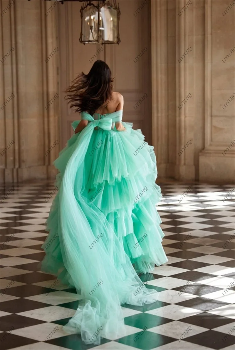 Customized Mint Green Fairy Turkey Prom Dresses A-line Tiered Layer Tutu Tulle Bridal Dresses With Bow Women Party Evening Dress