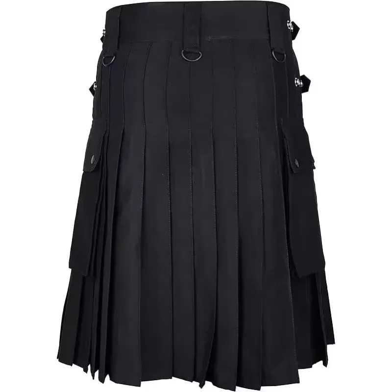 고품질 패션 남성용 멋진 포켓 킬트 단색 고딕 킬트 빈티지 전사 카고 킬트 메탈 벨트 플리츠 스커트