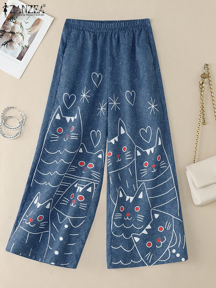 ZANZEA Women Long Wide Leg Pants High Waist Pockets Cartoon Print Vintage Trousers 2025 Autumn Casual Elastic Waist Pantalons