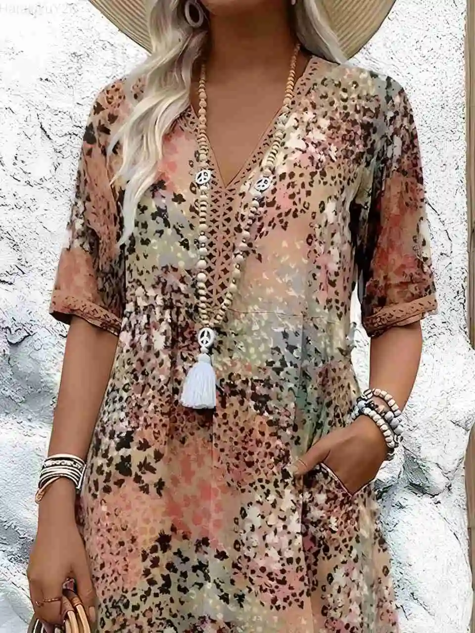 Vintage Women Midi Dresses For 2025 Ethnic Style Floral Print Loose Dress Plus Size Casual Short Sleeve Pullover V-Neck Dress