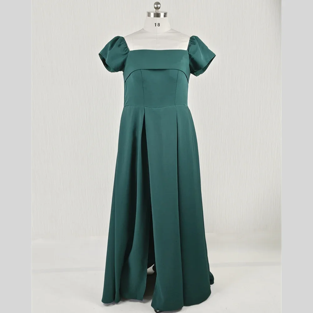 Feelingarden Customized Real Photo Evening Dress Green Square Collar Short Sleeves A-line Floor Length Slit Party Formal Gowns