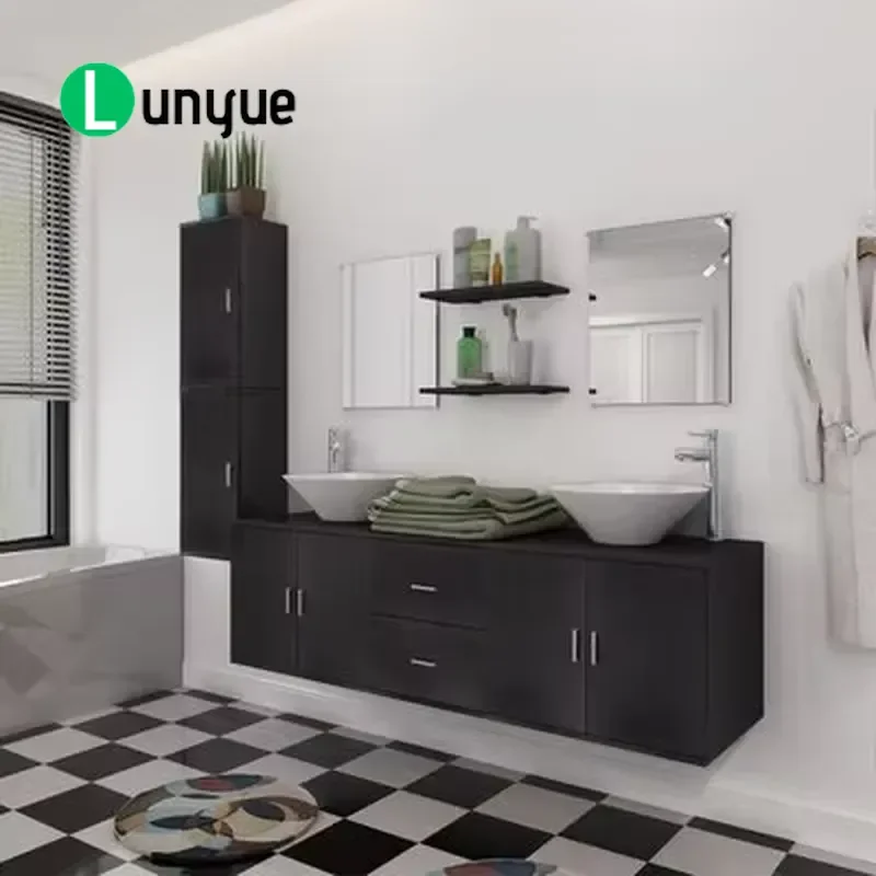 Black Floating Bathroom Vanity Cabinet Wall Mounted Modern Engineered Wood Hotel Furniture  Price Space Saving