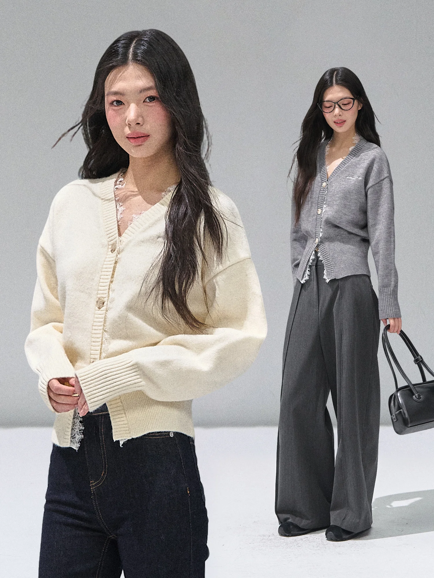 

RECOIN RC Women's Lace Splice V-ne Waist-cinched Sweater Casual Sle Knitted Inner Wear Long Sve Autumn Winter Top