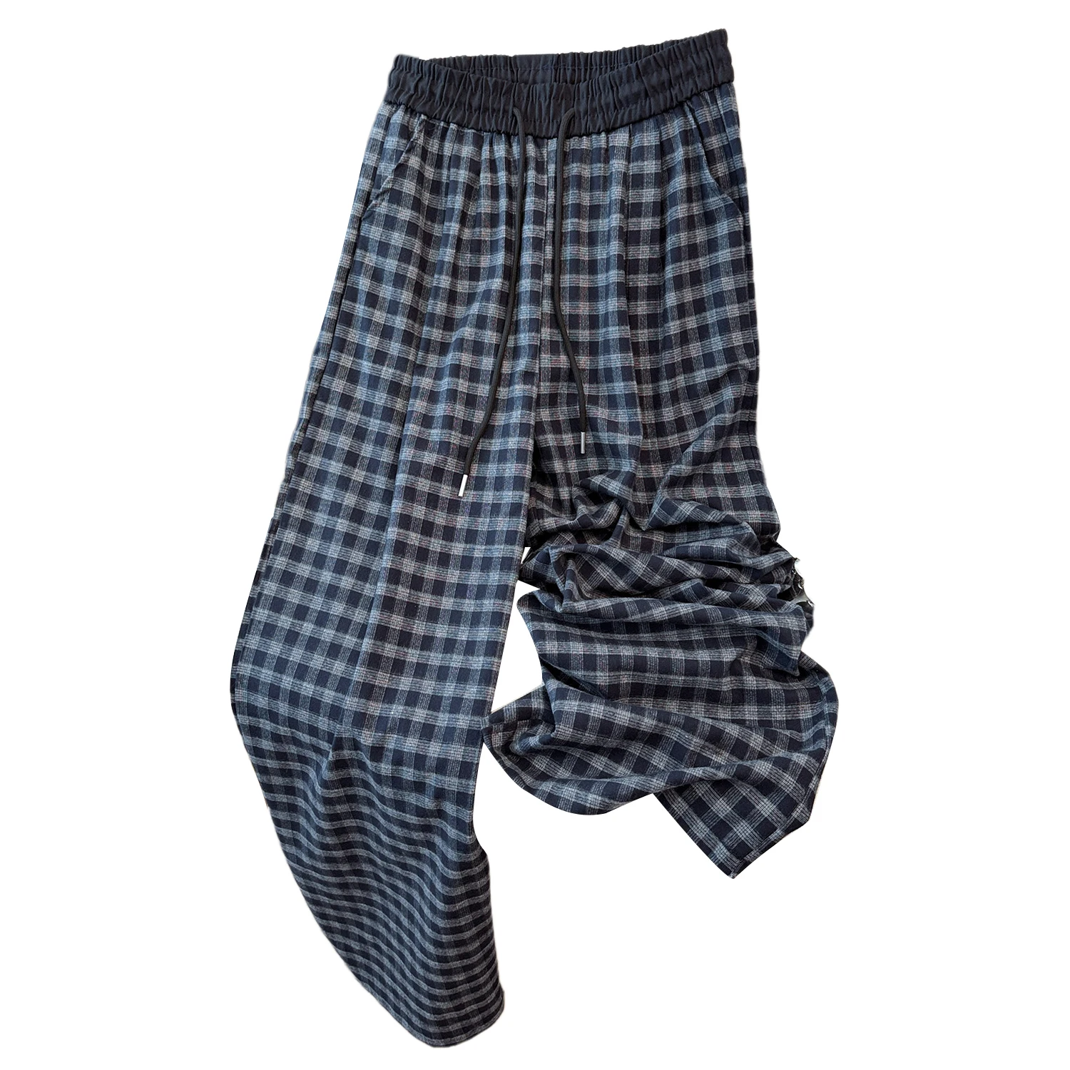 الكورية تصميم الإحساس منقوشة اللون Blo مرونة الخصر مستقيم الساق السراويل النسائية الرجعية عارضة فضفاض ثنى السراويل واسعة الساق