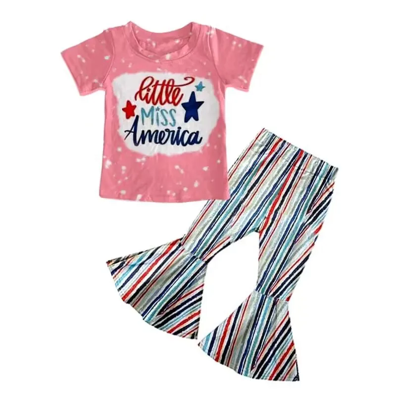 

Independence Day 4th of July Girls Clothes Summer Boutique Girls Short Sleeve Suit Pink Printed Top Striped Bell Pants