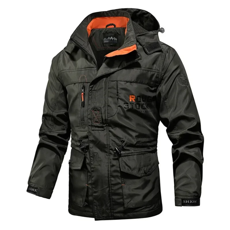 Veste de dehors Cargo pour Homme, avec Capuche Amovible, Coupe-Vent, Fermeture Éclair Extérieure, Multi-Poches, Automne Printemps