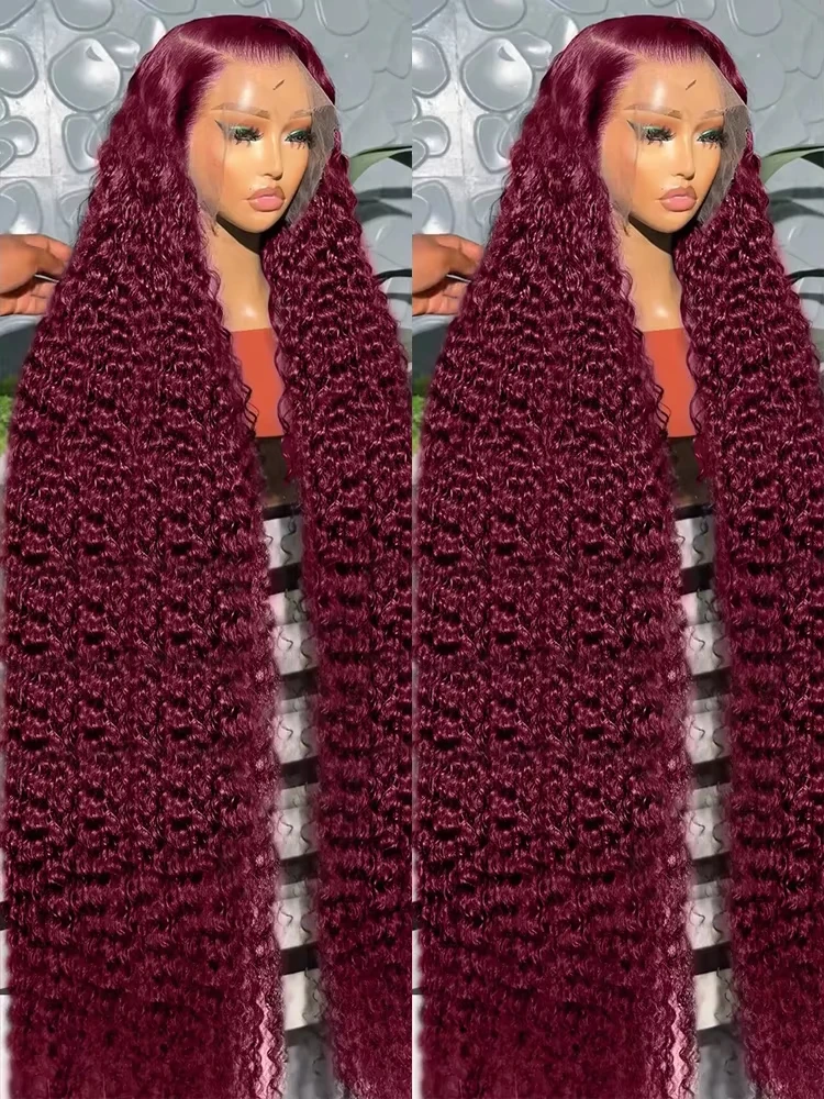

30 40 Inch Burgundy 99j Deep Wave 13x6 Hd Lace Front Human Hair Wigs 220% Colored Red Curly Brazilian Human Hair For Women