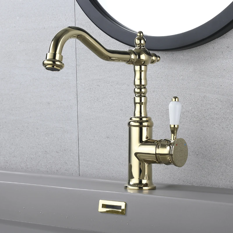 

Modern Bathroom Vanity Sink Faucet Deck Mounted 1 Hole Rotatable 360° Sink Faucet Single Handle Hot and Cold Mixer Tap Gold