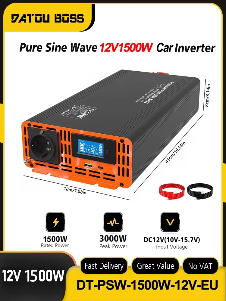 DATOUBOSS 1500W Reiner Sinus-Wechselrichter DC 12V zu AC 220V 3000W Spitzenleistung Auto-Solar-Konverter EU-Steckdose EU-Lieferung 50/60Hz Tragbares USB-Ladegerät LCD-Display Spannungsanzeige
