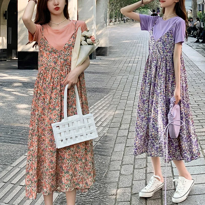 

Pregnacy Dress French style Vintage False Two-piece Dress Age-reducing Women Floral Summer Meternity Pregnant Women Dress