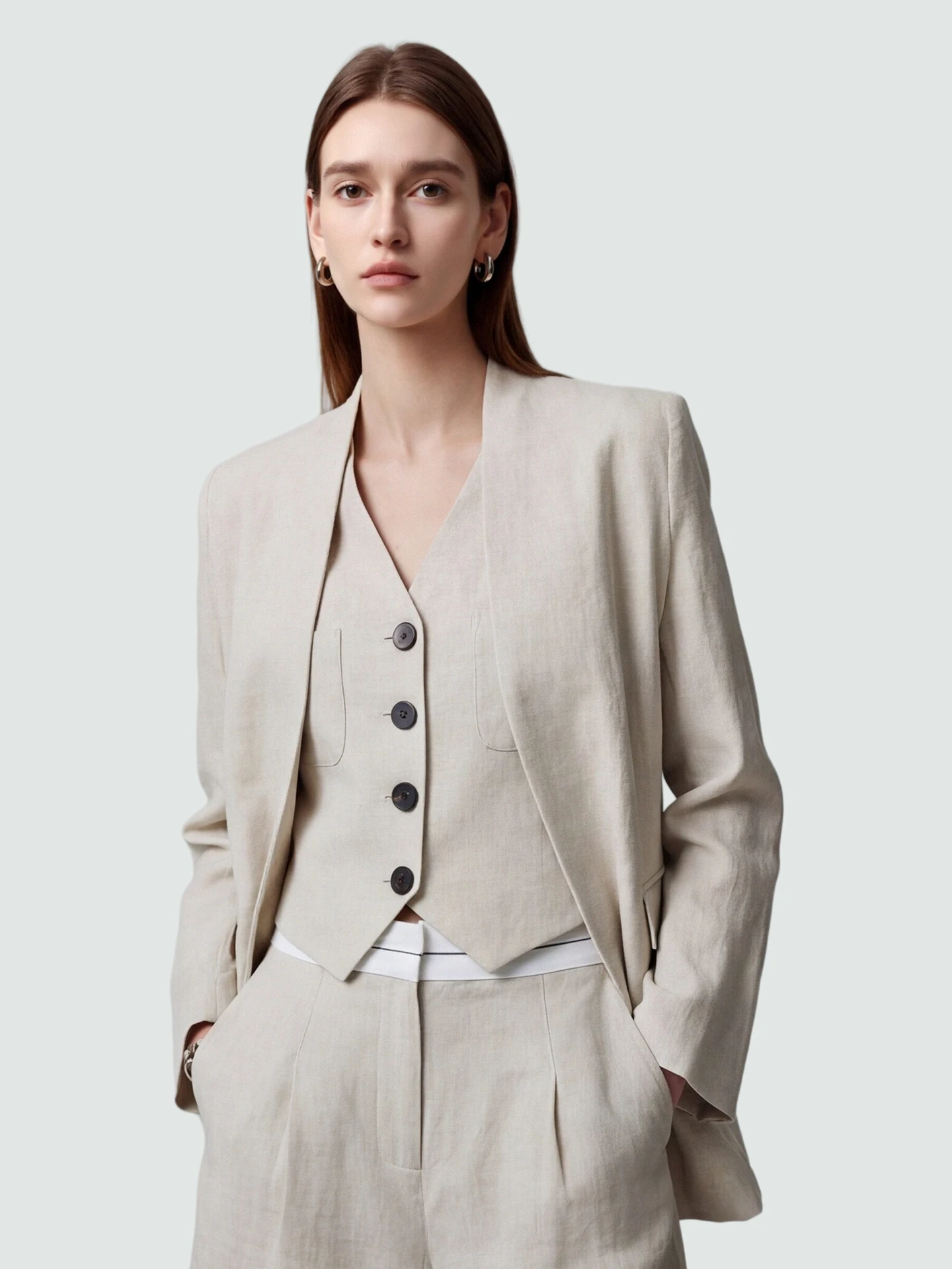 

SueM Pure Linen Spring Commute Sle Women's Suit No Collar Long Sve Loose Fit Set Classic Color Blo Design Office Wear