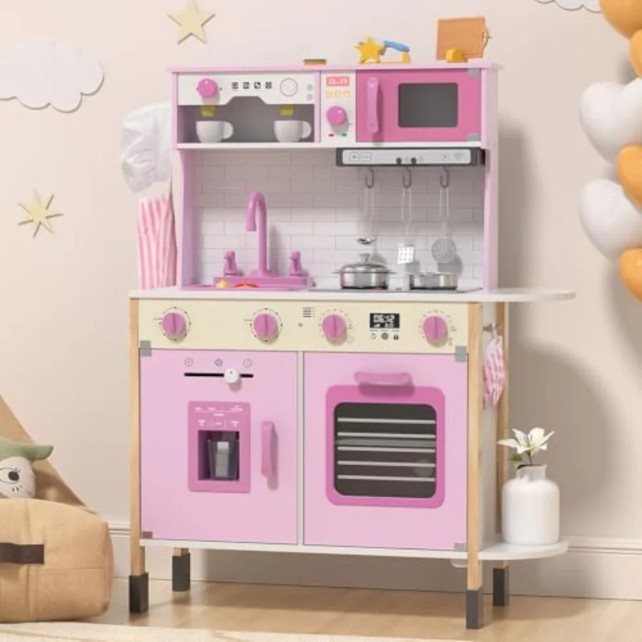 

Play Kitchen for toddlers: wooden, pink, height-adjustable with real lights sounds, includes 30 pcs toy food and cookware acces