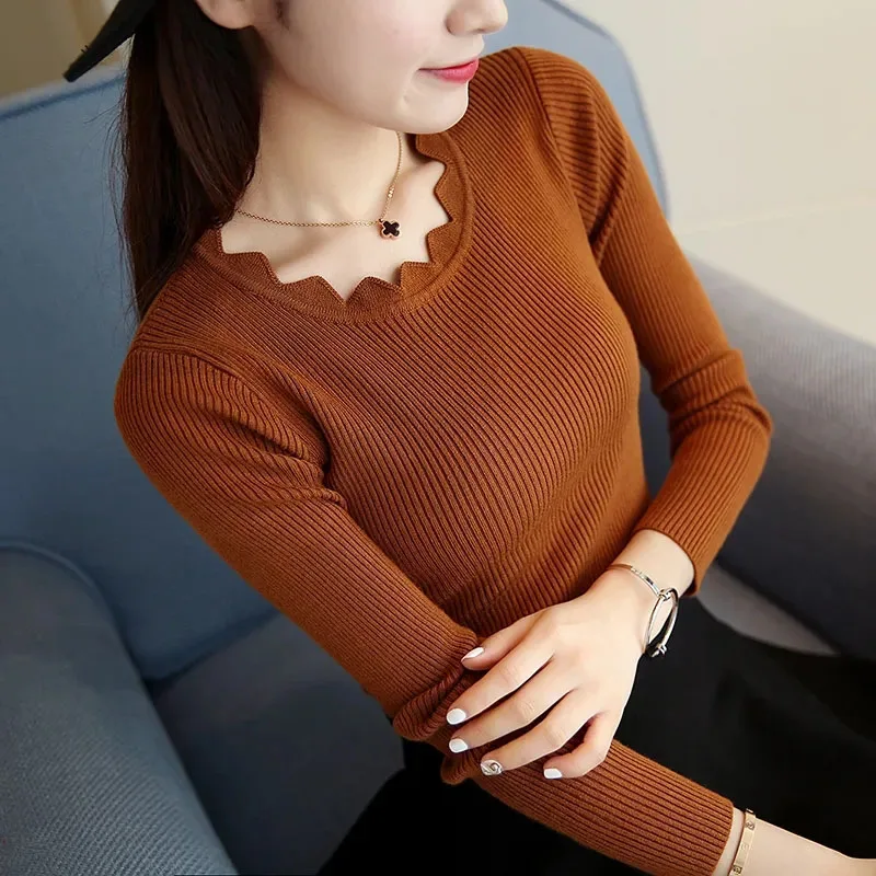 Xpqbb Autumn New Sweater Women Pullover Casual Solid Butterfly Neck Knitted Jumper Female Slim Long Sleeve Bottoming Jersey Tops