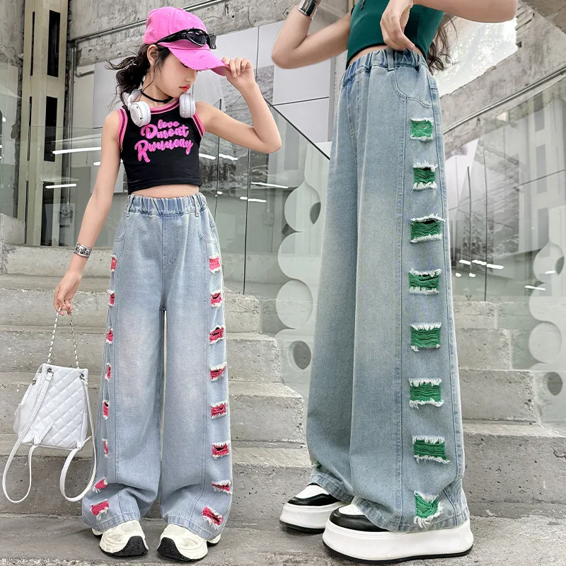 

Girls Street Style Destroyed Denim Pants New Fashion Children Ripped Jeans with Holes For Kids Elegant Broken Trousers