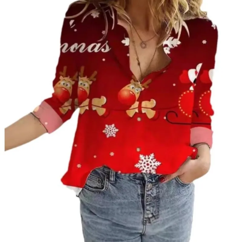 Elegant women\'s long sleeved shirt with Christmas print sexy lapel button up shirt exuding a sense of sophistication for women