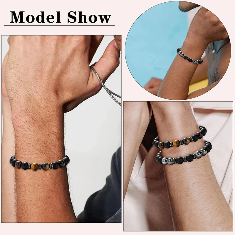 To Men Boys Bracelet Gifts for Son,Boyfriend, Husband, Brother Natural Black Matte Stone CZ Charm Beads Bracelet Card Gift