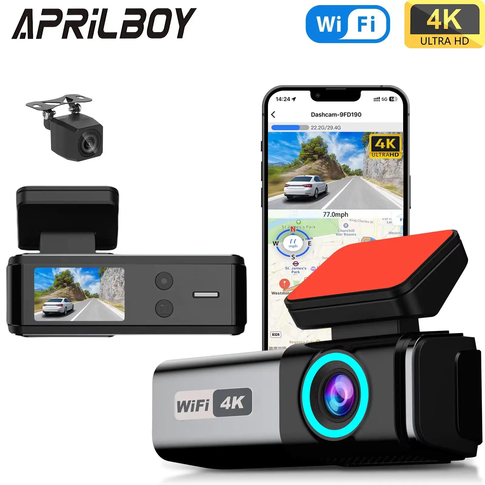 Aprilboy 4K Dash Camera Front and Rear WiFi Car Dvr Dual Car Camera Easy To Install Car Camera Recorder Touched GPS Black Box