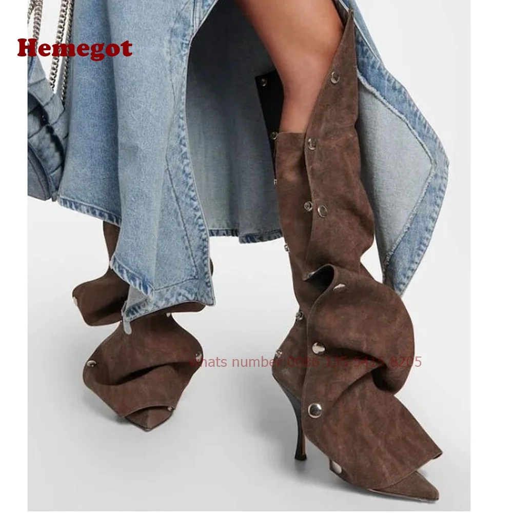 

Brown Dark Washed Pointed Toe Snap Button Below-The-Knee Denim Boots Stiletto Heels Adjustable Customized Winter Shoes Luxury