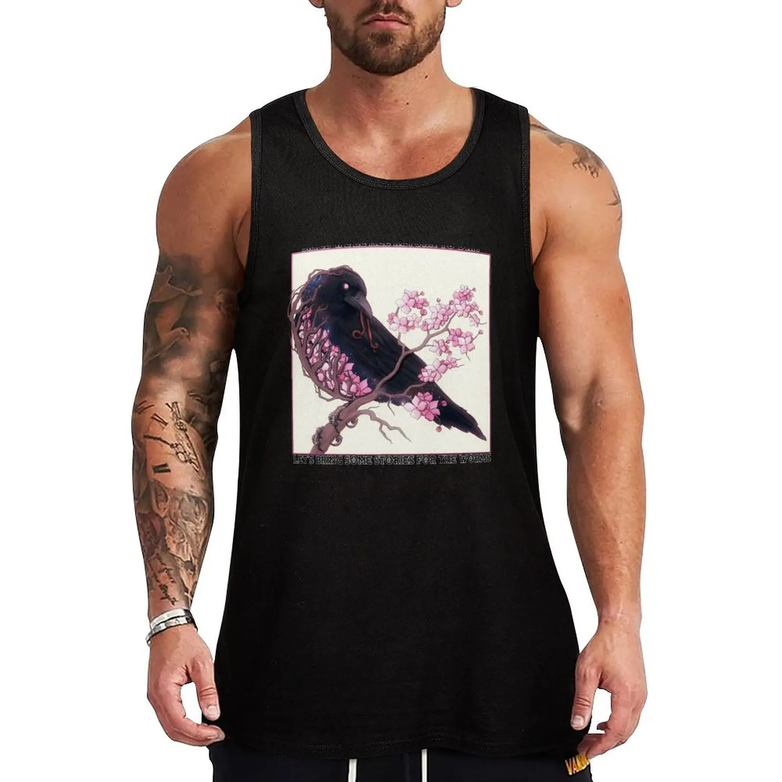 

Cherry Blossom Crow with text Tank Top Casual Lounge Tank Top Sleeveless Loose Soft Shirt