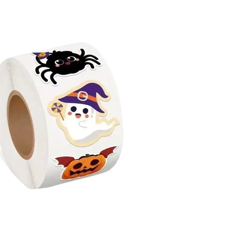 500Pcs/roll Halloween Sticker Rolls, Halloween Pumpkin Ghost Stickers, Spider Bat Cat Stickers For Party Decoration
