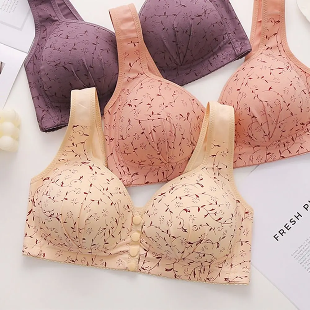 Comfortable Women Bras for Older Women Convenient Full Cup Front Close Button Cotton Bras Breathable Widened Shoulder Straps