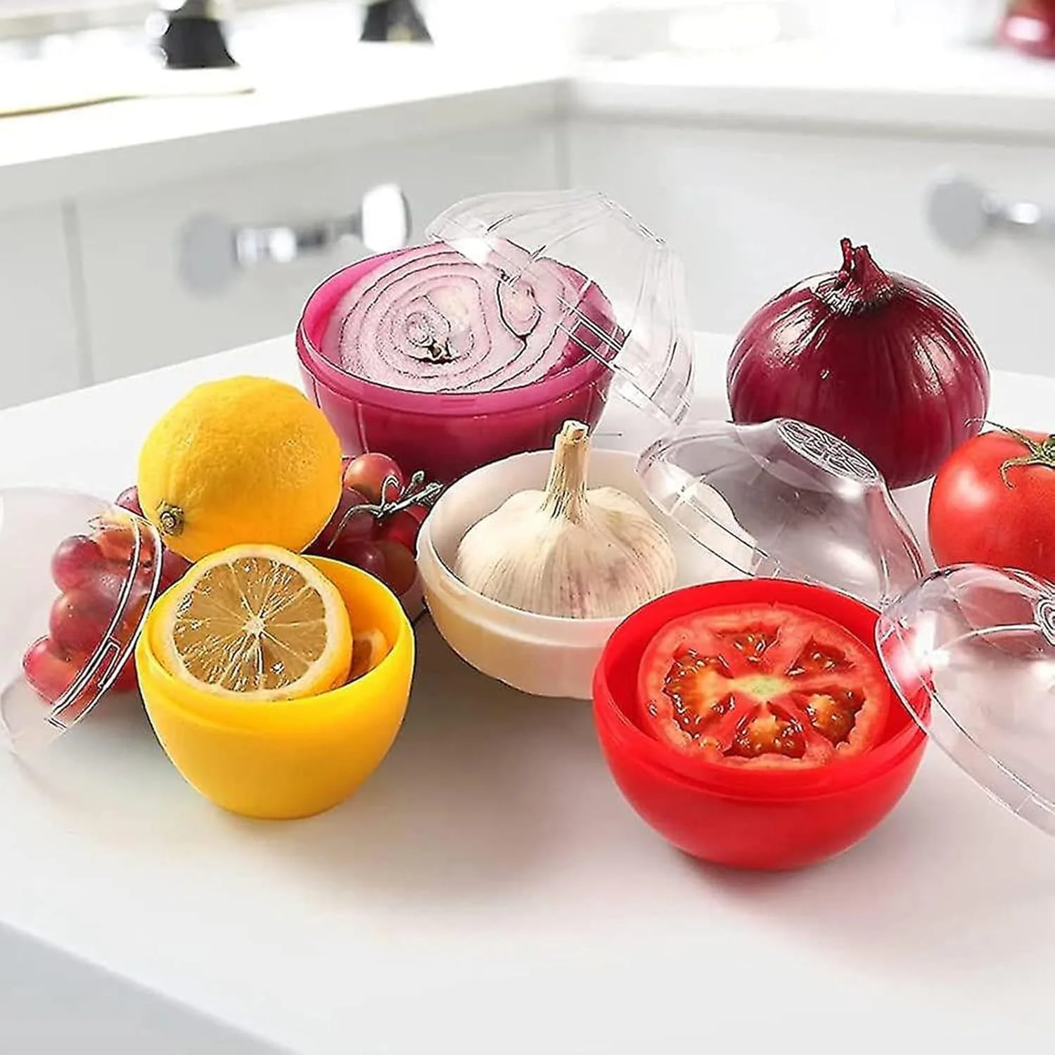 Vegetable and Fruit  Containers for Fridge, 4 Pcs Reusable Food Saver - Tomato, Garlic, Onion, Lemon  Holder - Refrigerator Vege