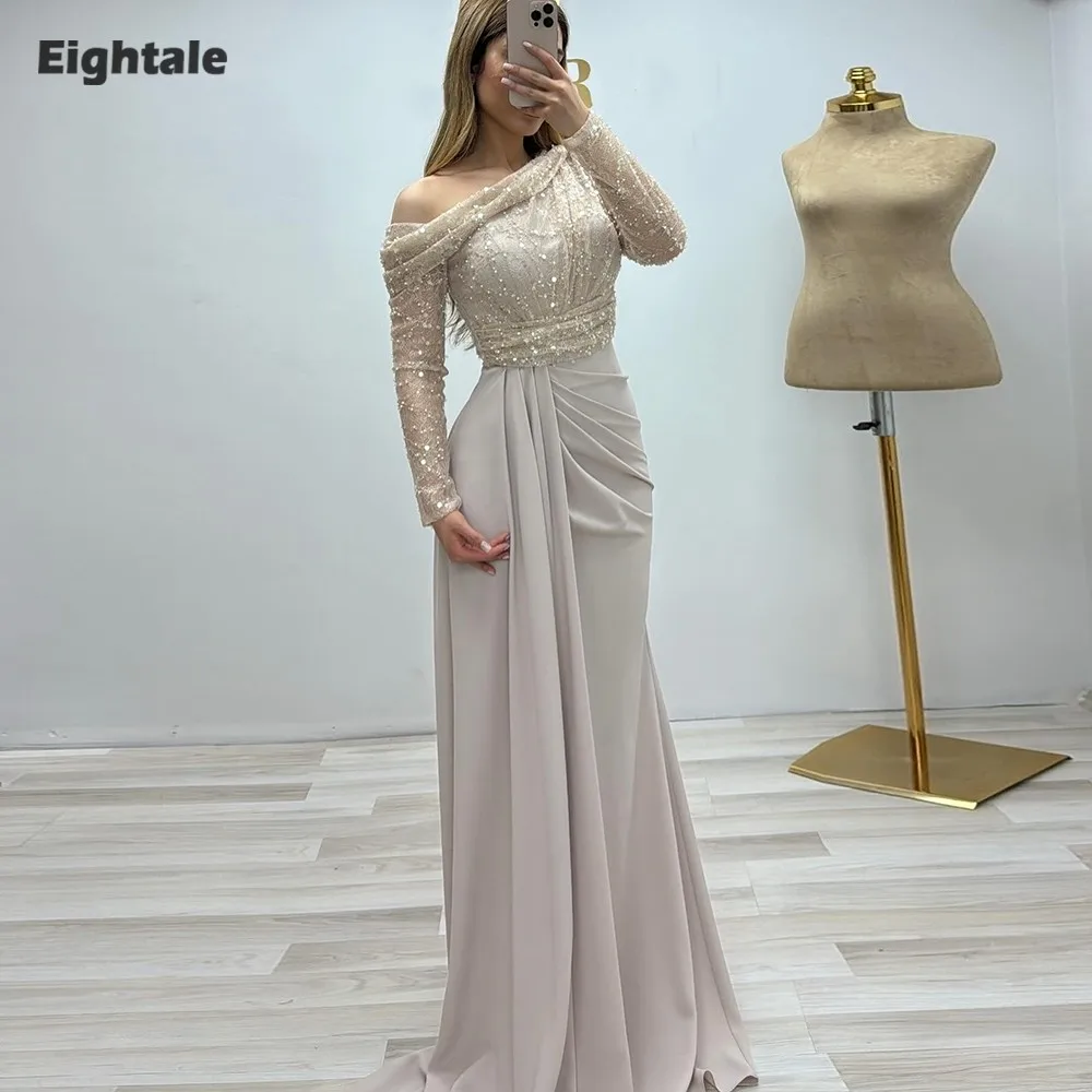 

Eightale Arabic Evening Dress Customized One Shoulder Sequin Lace Top Stretchy Satin Skirt Mermaid Prom Wedding Party Gowns