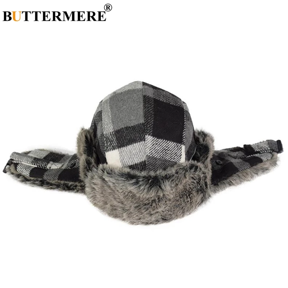 BUTTERMERE Winter Bomber Hat Women Men Grey Plaid Russian Ushanka Hats Warm Thick Ski Male Female Outdoor Earflap Trapper Hat