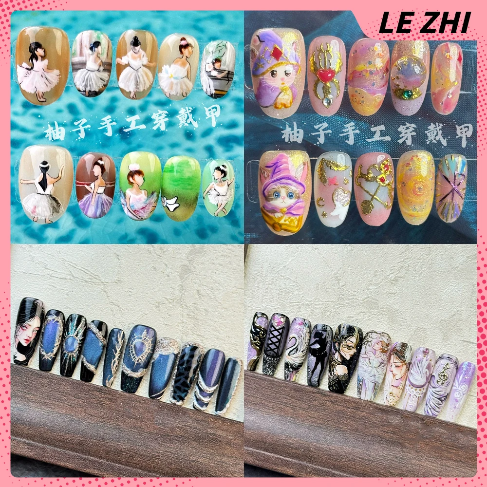 

10Pcs Cartoon Anime Handmade Long Coffin Ellipse Reusable Nails Party Sticker Hand-Drawn Characters Cat Rabbit Press On Nails