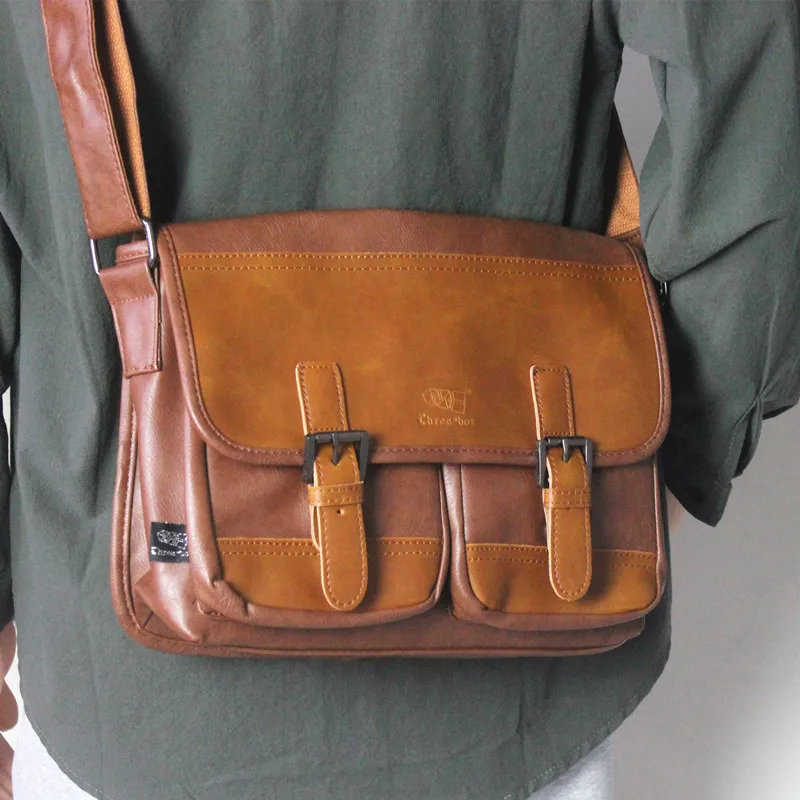 

Threebox Men's Retro Student Backpack Trendy Single Shoulder Business Casual Crossbody Bag Leather IPad Bag Soft PU Zipper